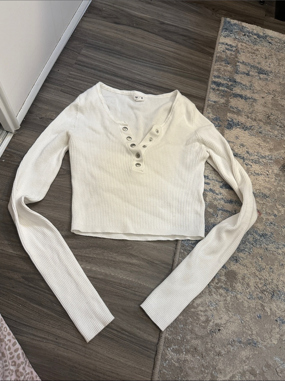 Garage White Ribbed Henley Long-Sleeve Crop Top
